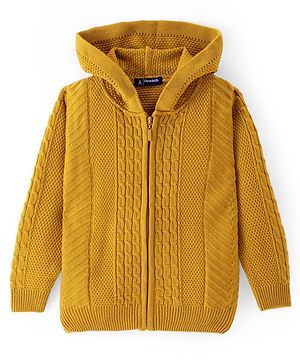 Pine Kids Full Sleeves Front Open  Hood Sweater - Mustard