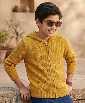 Pine Kids Full Sleeves Front Open  Hood Sweater - Mustard