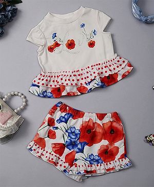 One Friday Cotton Cap Sleeves Floral Printed Top With Coordinating Shorts Set - Multi Colour