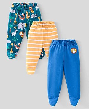 Babyhug Interlock Knit Full Length Bootie  Leggings with Striped & Animal Print Pack of 3 - Blue & Orange