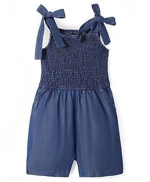 Pine Kids Cotton Woven Sleeveless Jumpsuit with Bow & Smocking Detailing - Blue