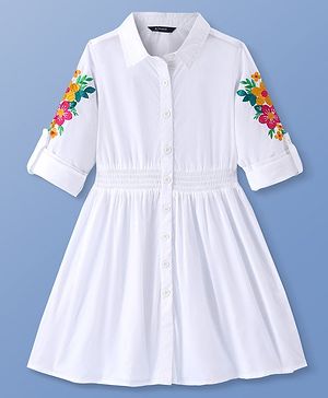 Pine Kids Cotton Woven Full Sleeves Frocks with Floral Embroidery - White