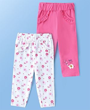 Doodle Poodle 100% Cotton Single Jersey Full Length Track Pants with Frill Detailing Floral Print Pack of 2 - Pink & White