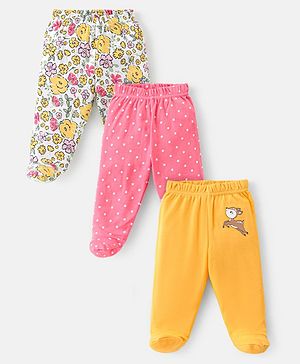 Babyhug Cotton Knit Footed Bootie Leggings With Floral & Polka Dots Print Pack Of 3 - Multicolor