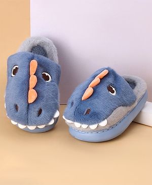 Oh! Pair Winter Wear Slip Ons With Fur Lining & Dino Applique - Blue