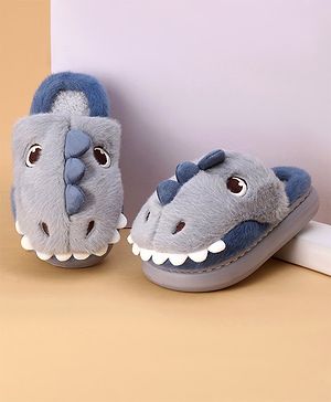 Oh! Pair Winter Wear Slip Ons With Fur Lining & Dino Applique - Grey