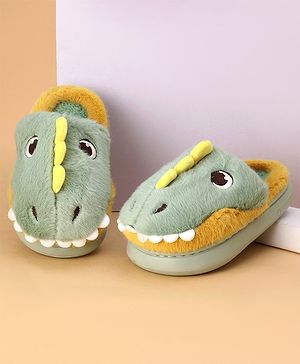 Oh! Pair Winter Wear Slip Ons With Fur Lining & Dino Applique - Green