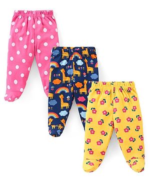 Babyhug Cotton Knit Interlock  Footed Bootie Leggings Polka Dots & Floral Print Pack of 3 - Blue Pink & Yellow