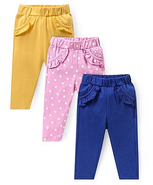 Doodle Poodle Single Jersey Knit Full Length Solid & Polka Dots Printed Leggings Pack of 3 - Yellow Pink & Navy Blue