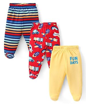 Babyhug Interlock Knit Striped Bootie Leggings with Vehicle & Text Print Pack of 3 - Multicolour