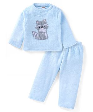 Babyhug Velour Knit Full Sleeves Winter Wear Night Suit With Raccoon Print - Sky Blue