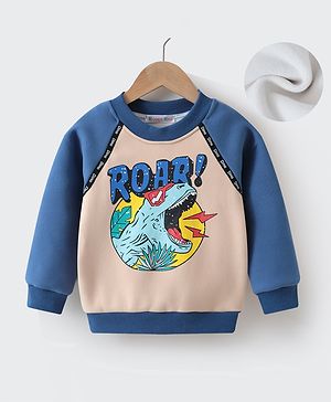 Kookie Kids Full Raglan Sleeves Winter Wear T-Shirt with Dino & Text Print - Blue