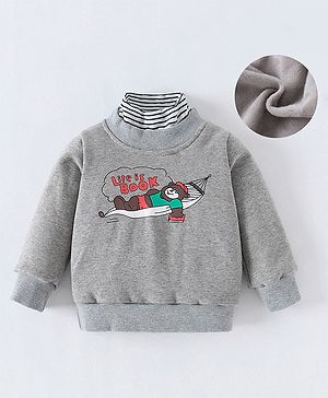 Kookie Kids Full Sleeves Turtle Neck Winter T-Shirt with Bear & Text Print - Grey