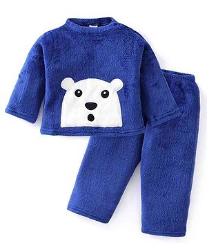 Babyhug Velour Knit Full Sleeves Winter Night Suit With Polar Bear Patch Work - Royal Blue