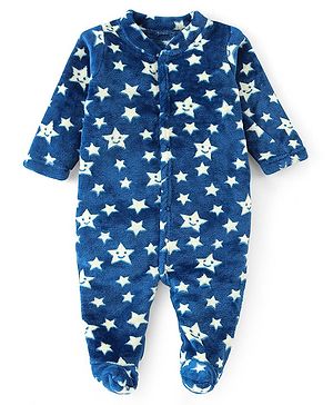 Babyhug Velour Knit Full Sleeves Winter Wear Sleep Suit With Stars Print - Navy