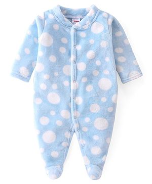 Babyhug Velour Knit Full Sleeves Sleep Suit With Polka Dots Print - Blue