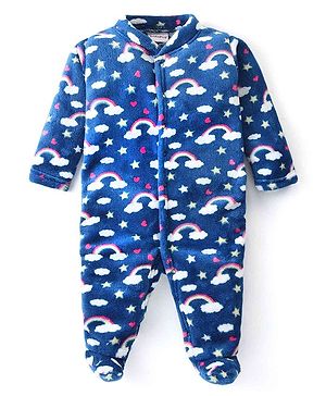 Babyhug Velour Knit Full Sleeves Winter Wear Sleep Suit With Rainbow Print - Navy