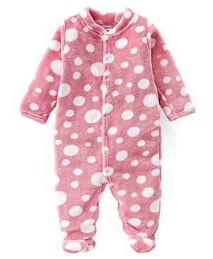 Babyhug Velour Knit Full Sleeves Footed Night Suit with Polka Dots Print - Pink