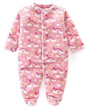 Babyhug Preemie Velour Knit Full Sleeves Footed Sleep Suit with Sky Print - Pink