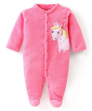 Babyhug Velour Knit Full Sleeves Sleep Suit With Unicorn Applique - Fuchsia