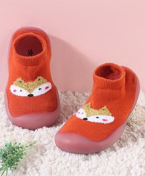 Cute Walk by Babyhug Slip On Socks Shoes with Fox Design - Orange