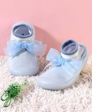 Cute Walk by Babyhug Slip On Socks Shoes with Bow Applique - Blue