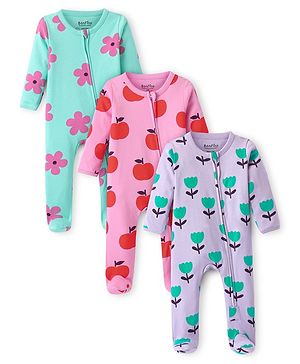 Bonfino 100% Cotton Knit Full Sleeves  Footed Sleep Suits with Floral & Apple Print Pack of 3 - Lavender Pink & Green