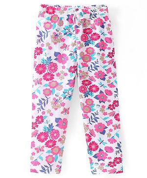 Babyhug Cotton Lycra Knit Full Length Leggings with Floral Glitter Print - Pink