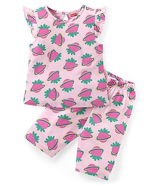 Babyhug Cotton Knit Flutter Sleeves Capri Night Suit With Strawberry Print - Pink