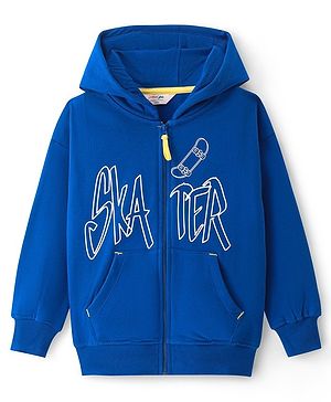 Primo Gino 100% Cotton French Terry Knit Full Sleeves Hooded Sweatshirt with Text Print & Kangaroo Pockets - Blue