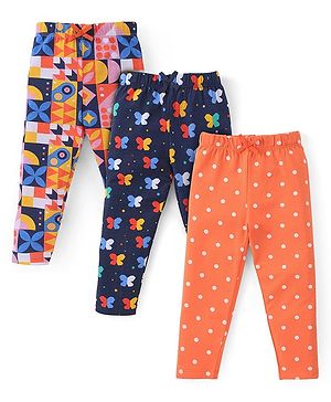 Babyhug Cotton Lycra Full Length Leggings with Polka Dots & Butterfly Print Pack of 3 - Multicolor