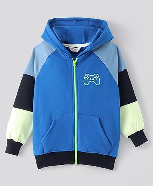 Primo Gino 100% Cotton French Terry Knit Full Raglan Sleeves Hooded Sweatjacket with Cut & Sew Design & Game Print - Blue