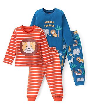 Babyhug Cotton Knit Full Sleeves Night Suit With Stripes & Animal Print Pack Of 2 - Multicolor