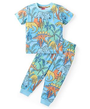 Babyhug Cotton Knit Half Sleeves Night Suit With Dinosaurs Print - Blue