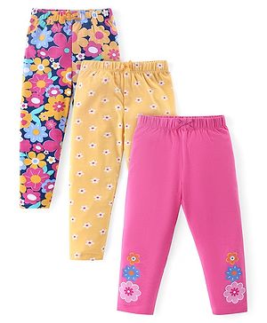 Babyhug Cotton Lycra Knit Full Length Floral Printed Leggings Pack of 3 - Pink Yellow & Blue