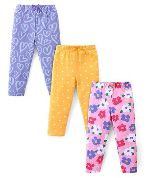 Babyhug Cotton Lycra Knit Full Length Leggings with Floral Polka Dots & Heart Print Pack of 3 - Blue Pink & Yellow