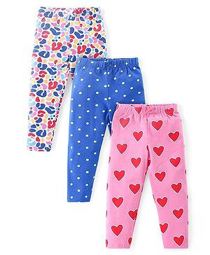 Babyhug Cotton Lycra Knit Full Length Leggings with Heart & Polka Dots Print Pack of 3 - Blue & Pink