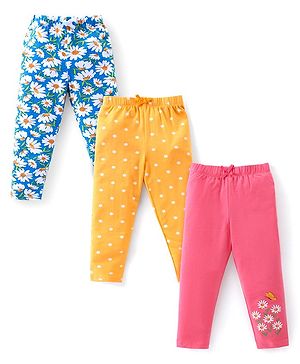 Babyhug Cotton Lycra Full Length Leggings Floral Print Pack of 3 - Pink Yellow & Blue
