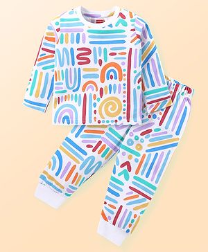 Babyhug Cotton Knit Full Sleeves Printed Night Suit  - White