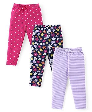Babyhug Cotton Lycra Full Length Leggings Floral & Polka Dots Print Pack of 3 - Multicolour
