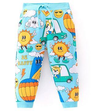 Babyhug Cotton Knit Full Length Lounge Pants With Animals & Vehicles Print - Light Blue