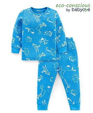 Babyoye Cotton Modal Knit Full Sleeves Thermal Inner Wear Set with Wild Animals Print - Blue