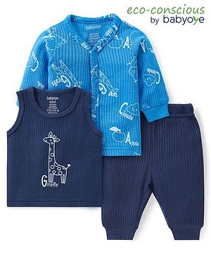 Babyoye Cotton Modal  Knit Full Sleeves Drop Needle Thermal Wear Set Giraffe   Print - Blue & Navy