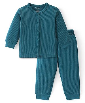 Babyoye Cotton Modal Blend Full Sleeves Front Open Solid Dyed Thermal Inner Wear Set - Teal Blue