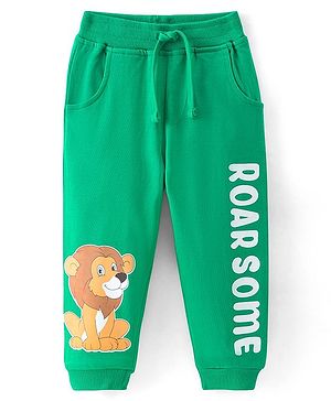 Babyhug Cotton Terry Full Length Lounge Pants with Lion & Text Print - Green