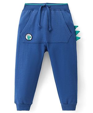 Babyhug Cotton Terry Knit Full Length Lounge Pant with Dino Applique - Blue