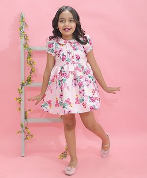 KIDSDEW Half Sleeves Floral Printed Dress - Pink
