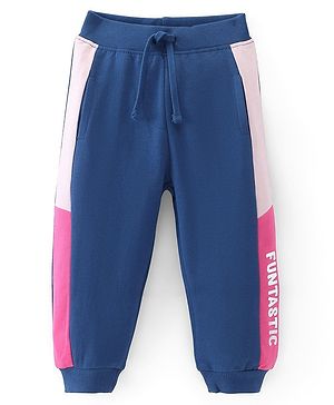 Babyhug Cotton Terry Full Length Lounge Pant with Side Text Print - Navy
