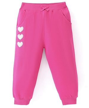 Babyhug Cotton Knit Full Length Lounge Pants With Hearts Applique - Dark Pink
