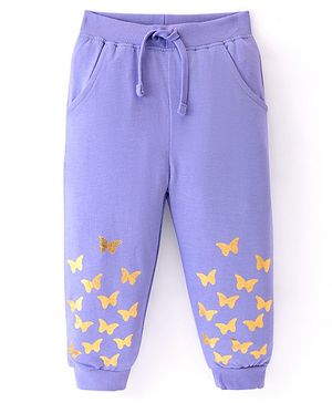 Babyhug Cotton Knit Full Length Lounge Pants With Butterflies Print - Lilac